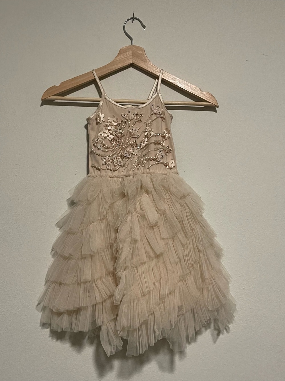 Tutu Du Monde Tan Beige Songbird Embellished Floral Ruffle Tutu Dress, Size 2-3